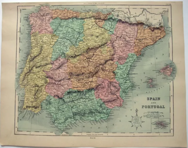 Spain & Portugal - Original 1878 Map by William Hughes & John Dower. Antique