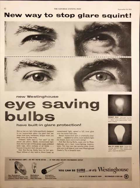 1955 Westinghouse Lightbulbs Vintage Print Ad Eye Squint Closeup