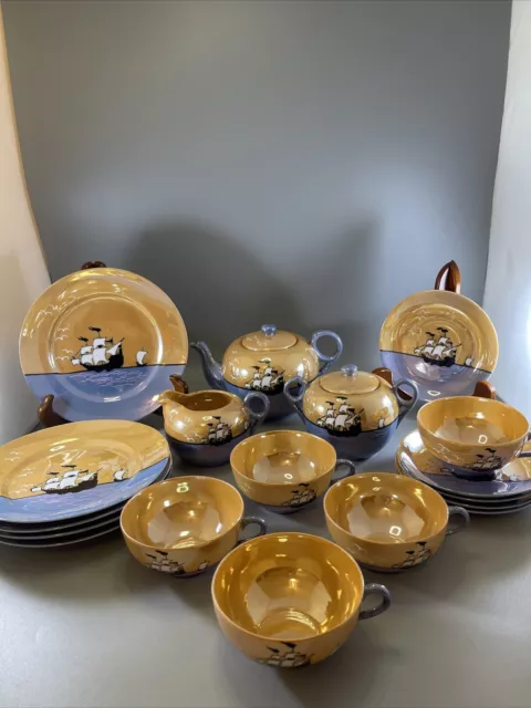 19 Pc Takito TT Japanese Lusterware Tea Set Peach Blue Nautical Vintage