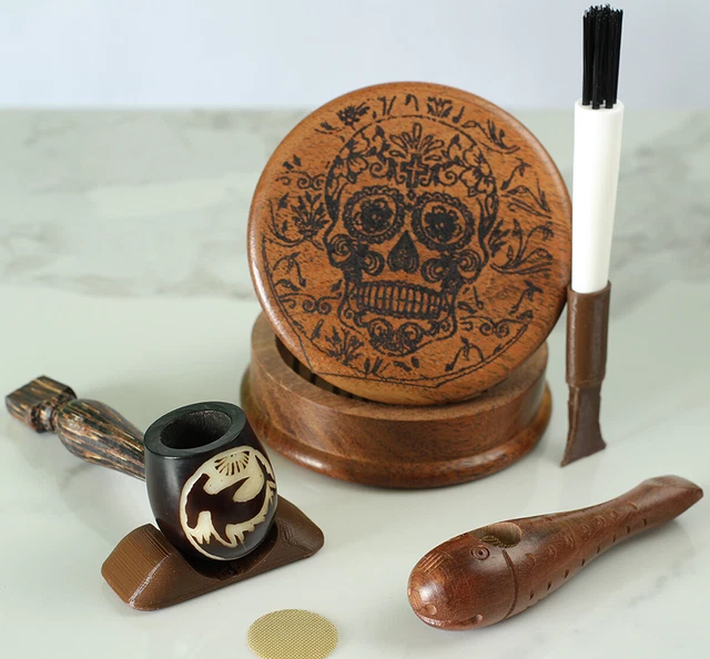 Shark Tagua & Fish Hand Carved Wood Smoking Pipe & 2pc Etched 2¾" Wood Grinder