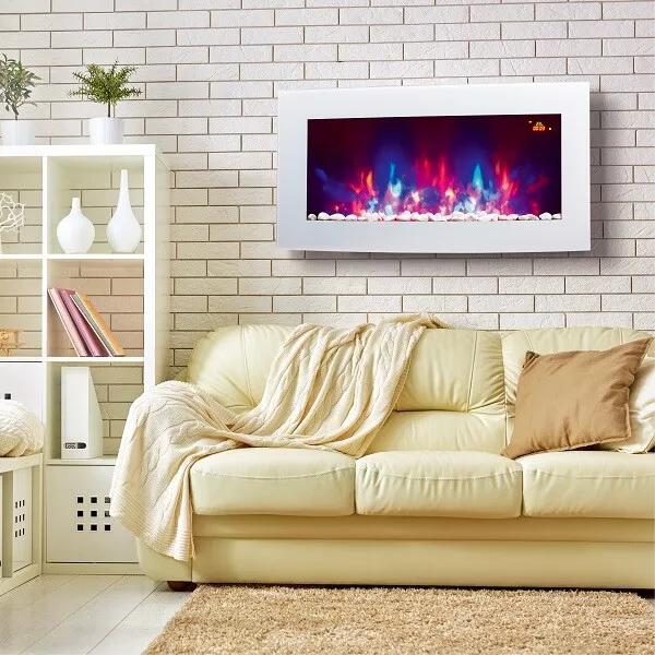 2024 Led Flames 7 Colour White Glass Truflame Curved Wall Mounted Electric Fire