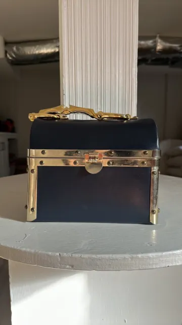 1960's Vintage Rosenfeld Box Handbag Navy Leather- Made in Italy Gold Purse