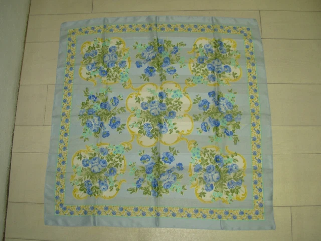 Foulard Carré Lady De Guethem - Bleu Et Rose, Motif Floral - Vintage France