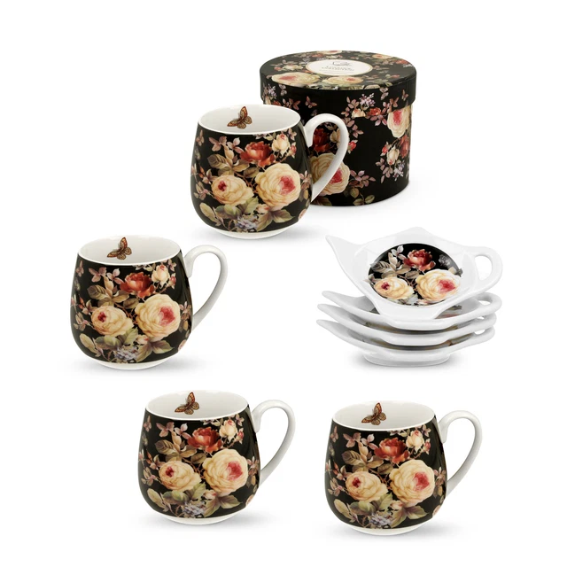 BECHER mit Teebeutelablage 4er SET Porzellan Tassen Kaffeebecher DUO WARDA 430ml