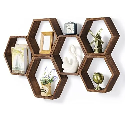 Hexagon Floating Shelves Set of 6 Farmhouse Honeycomb Wall Storage Shelf Wood