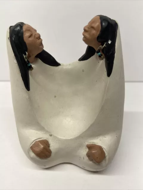 Vintage Native American 2 woman sitting hand cast and painted signed