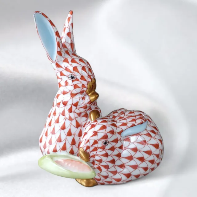 Herend Bunny Rabbits With Corn Hand-Painted Red Fishnet Design 24k Gold Accents