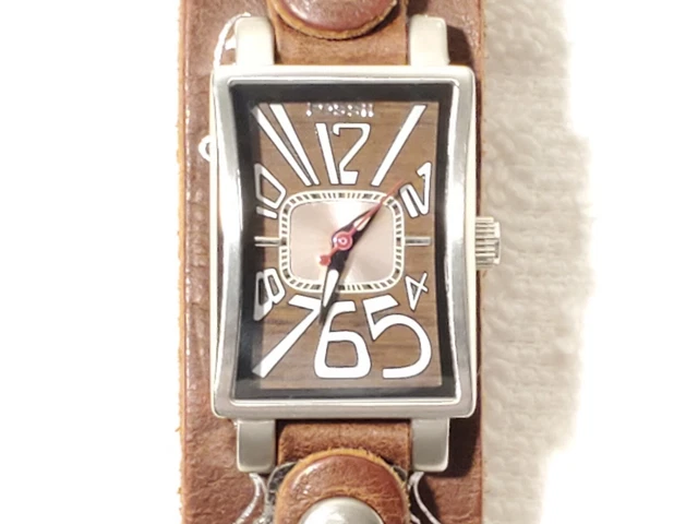 Vintage Fossil Women's Watch Wood Grain Brown Pink Dial Stainless Steel Leather