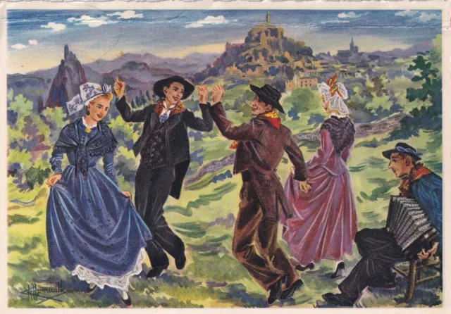 Carte postale 10x15cm postcard LE VELAY bourrée à quatre folklore écrite