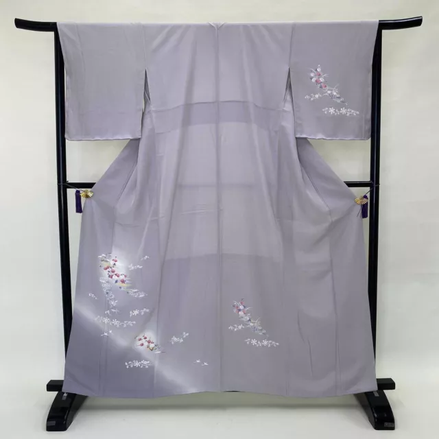 Japanese Kimono "HOUMONGI" Silk M size A rank gray pink pine plum kimono 1158
