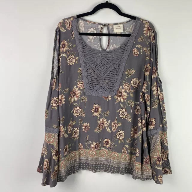 Knox Rose Blouse XXL Peasant Top Gray Floral Boho Cold Shoulder Bell Sleeve