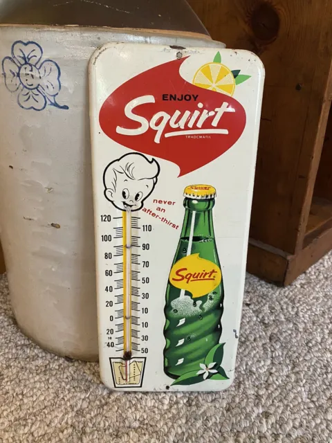 VTG 1963 Squirt Soda Advertising Thermometer Tin Metal Sign - 5.75x13.5” - Works