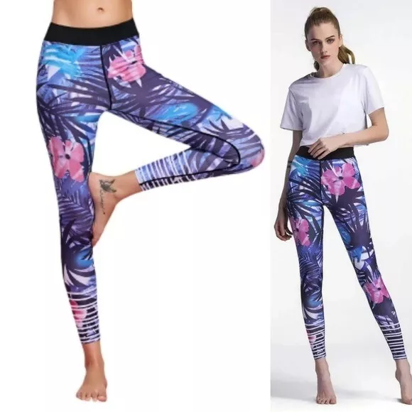 Womens Pants Size Large Leggings Activewear Sports Yoga Floral Purple Stretch