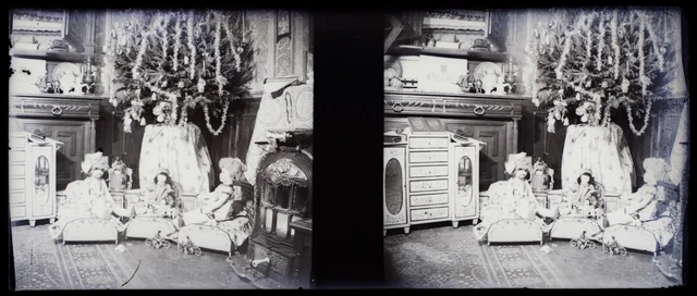FRANCE Sapin de Noël c1930 Photo NEGATIVE Stereo Plaque verre Vintage V36L2n