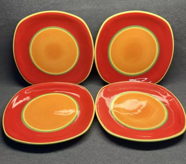 Dansk Caribe Aruba Orange Pattern Set 4 Square Salad Plates w Labels