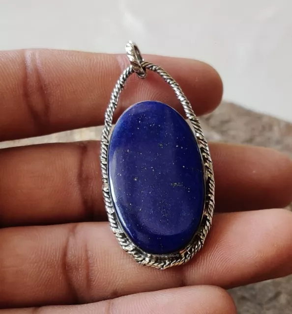 Solid 925 Sterling Silver Royal Blue Lapis Lazuli Healing Pendant For Her H702