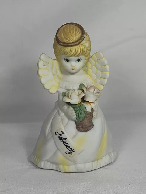 Angel February Figurine Birthday Gift Ceramic 5" Blonde Bouquet Collect