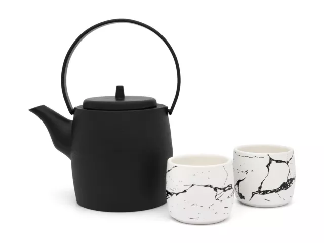 Teeset Kobe schwarz 1,2 L Teekanne aus Gußeisen mit 2 Teebechern Porzellan