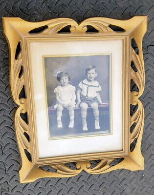 15x18" Syroco Wood frame Art Nouveau original tinted photograph 2 children 1930s