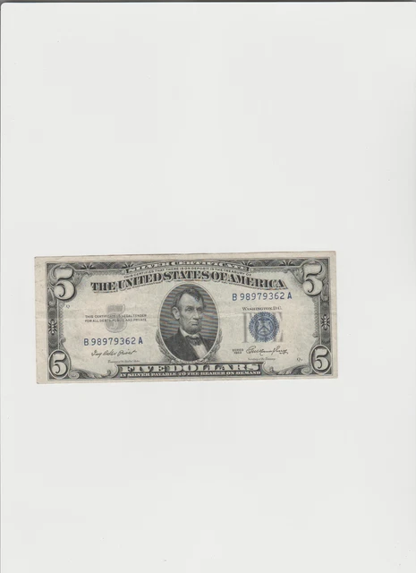 1953 Five Dollar BLUE Seal Note Silver Certificate $5 Old US Bill Average Circ