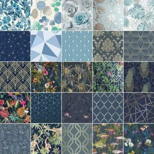 Azul & Marino Papel Pintado - Metálico Purpurina Geométrico Floral Animales