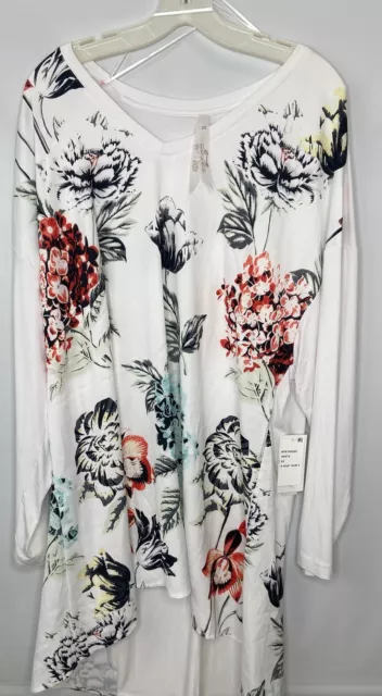 Melissa McCarthy Seven7 Tunic Top Womens 2X White Floral V Neck Long Sleeve