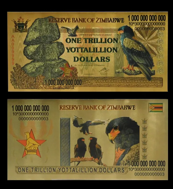 Zimbabwe 1 Trillion Yottalillion Dollars Gold Foil Banknote Reserve Bank