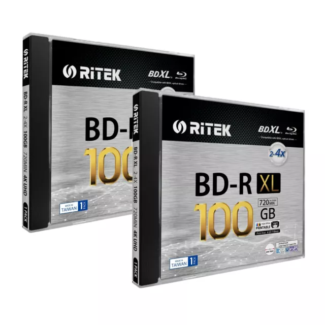 2 Ritek BD-R XL BDXL 4X 100GB Archival 3-Layer White Inkjet Printable Blank Disc