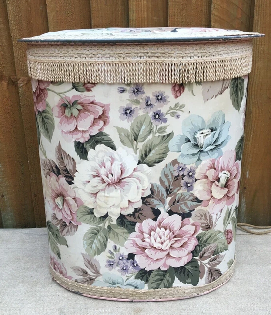 Vintage 50 Timeworn Metal Pink Toleware Floral Chintz Fabric Covered Storage Box