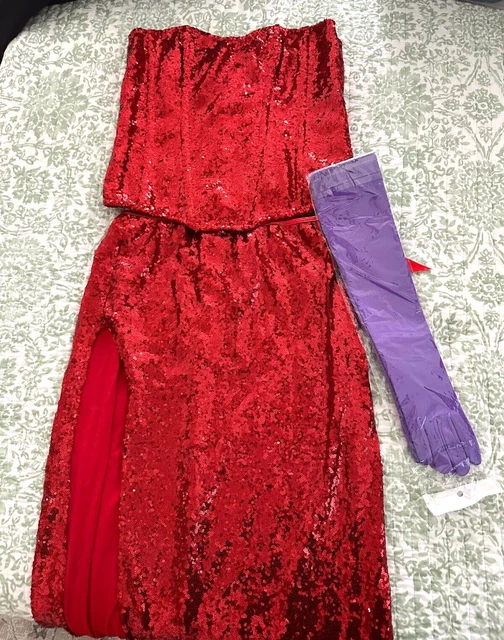JESSICA RABBIT COSTUME Red Sparkle Corset with Skirt and Purple Gloves ...