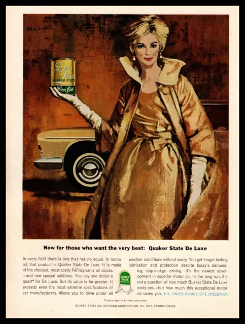 1962 Quaker State DeLuxe Motor Oil Woman Evening Gown Holding Quart Can Print Ad