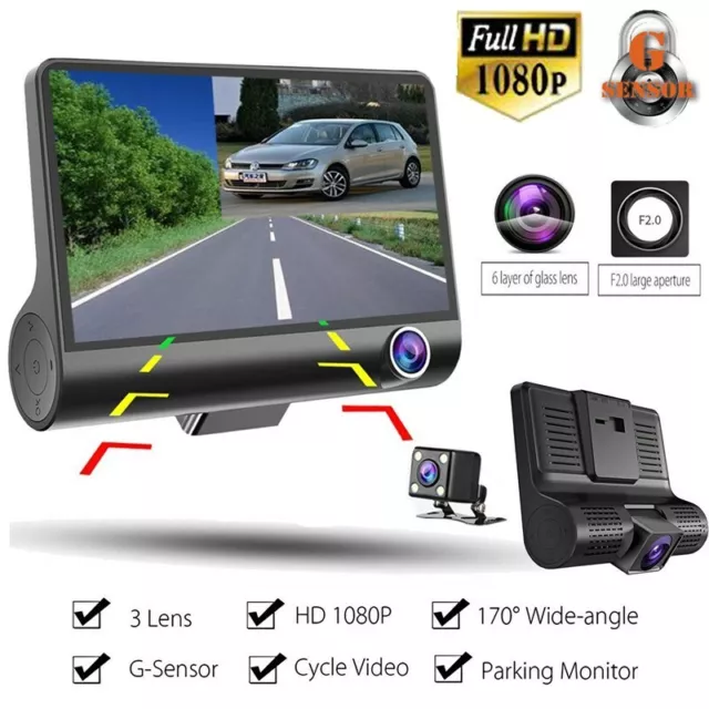 1080P Triple Lens HD 4" Car DVR Rearview Video Dash Cam Recorder Camera G-Sensor