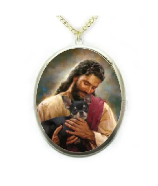Jesus Black Chihuahua Dog Porcelain Cameo Necklace Handmade Jewelry Religious