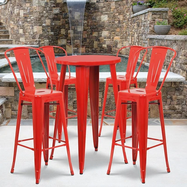 Commercial Grade 24" Round Red Metal Indoor/Outdoor Bar Table Set w/4 Cafe Stool