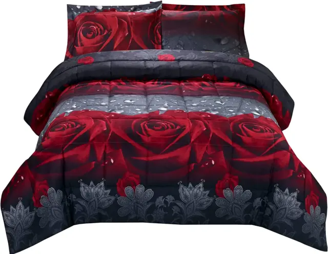 HIG 3D Comforter Set King - 3 Piece 3D Rose Love Romantic Moment Print Comforter