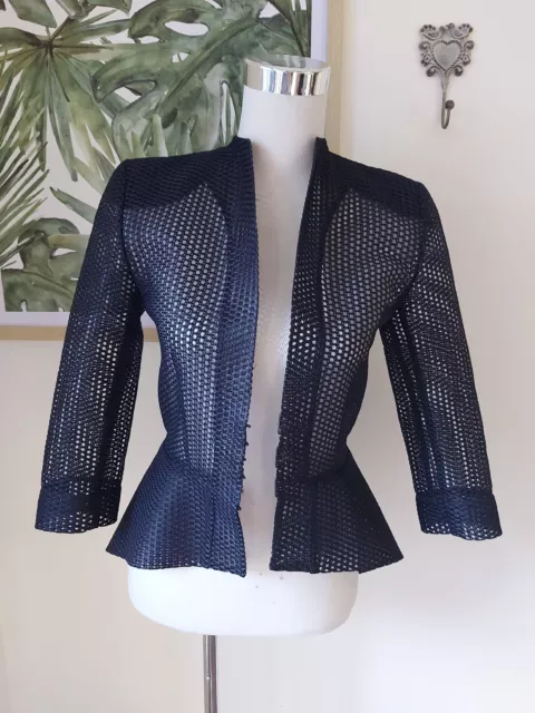 Scanlan Theodore Silk Structured 10 Perforated Fitted Peplum Blazer Jacket Sheer