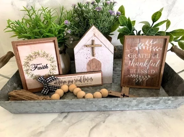 Tiered Tray Decor 5 piece Religious Hope Faith Set, Rustic, Farmhouse Style