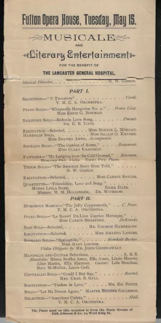 1890's Lancaster, PA - Fulton Opera House "Musicale" Lancaster General Hospital