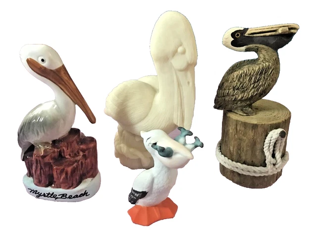 Vintage Lot Pelican Bird Figurines, (4) Geo. Good, Gift Corp., Signed,  Taiwan