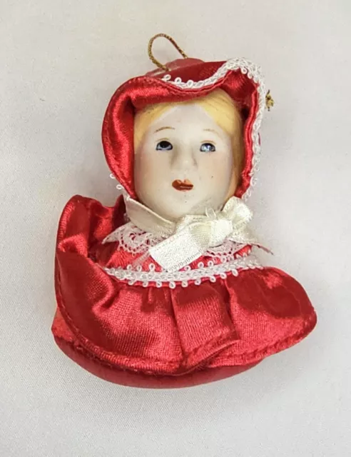 Vtg Russ Berrie Victorian Lady Porcelain Head Red Satin Dress Christmas Ornament