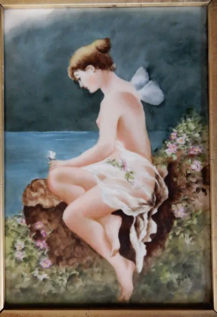 Antique KPM Hand Painted 6" x 9" Porcelain Plaque of Psyche in ornate wood frame