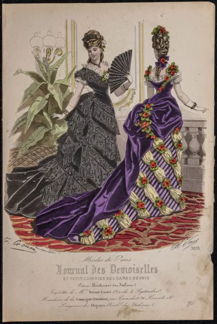 1875 - Gravure de mode - Robe et costumes couleurs - Journal des demoiselles