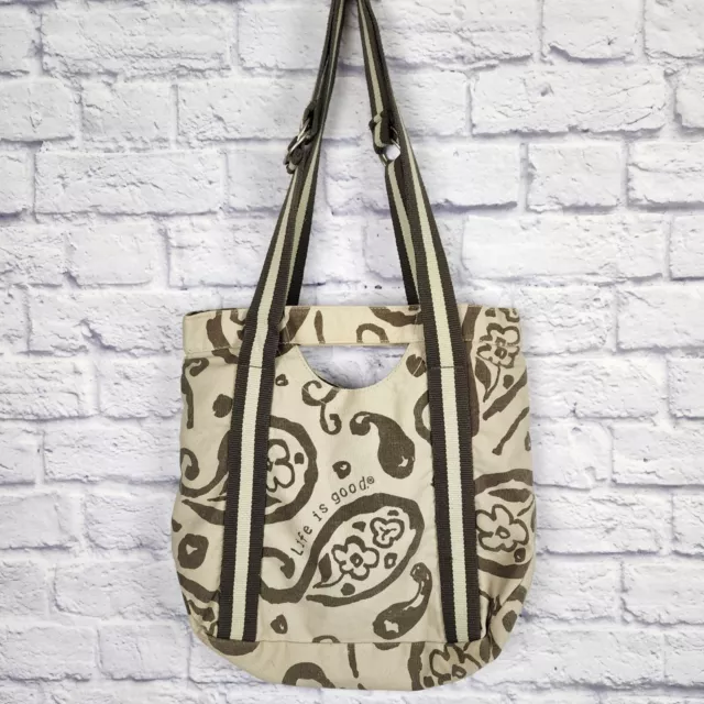 Life is Good Canvas Beige Brown Paisley Print Tote Bag Shoulder Bag