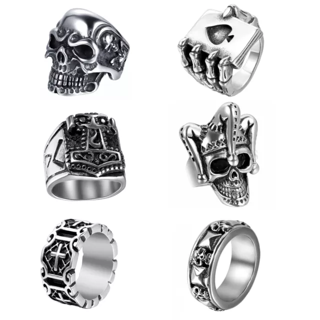 Men's Vintage Biker Stainless Steel Skeleton Skull Cross Prayer Punk Gothic Ring