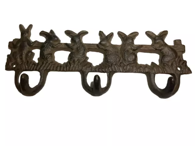 Rustic Brown Cast Metal Rabbit 3 Hook Wall Mounted Key Rack Towel Coat Hanger