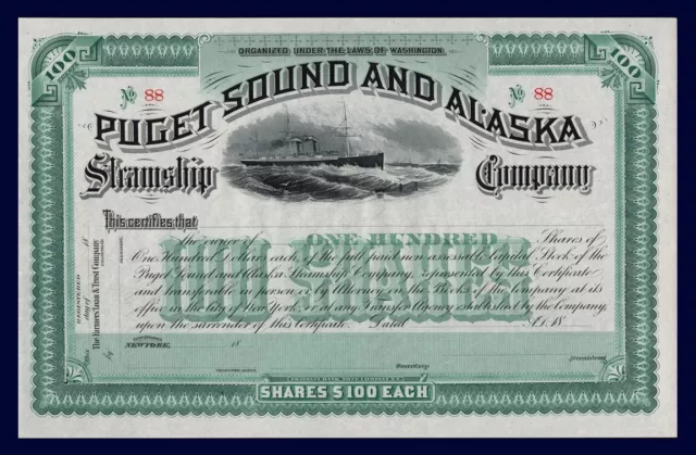 1880s or 1890s Puget Sound & Alaska Steamship Company Stock UTSALADY WASHINGTON