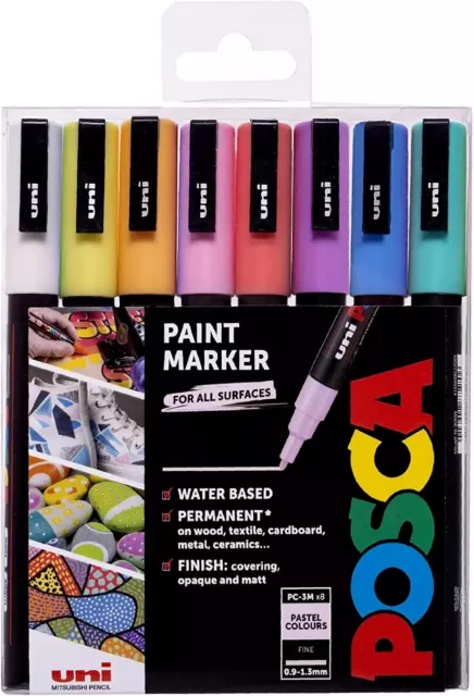 Uni Posca PC-3M Paint Marker Art Pens Fine Tip Wallet of 8 Pastel Colours