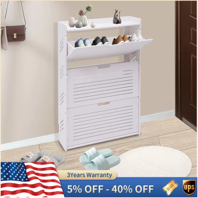 White Shoe Storage Cabinet Organizer and 3 Flip Drawers for Entryway Shoe Rack