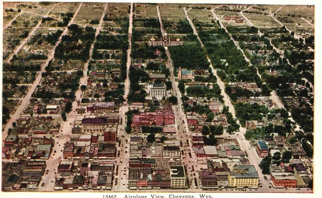 Vintage Postcard Airplane View Churches Buildings Residences Cheyenne Wyoming WY