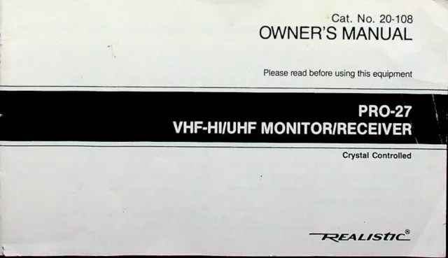 Radio Shack Pro-27 Scanner Original Instruction Manual